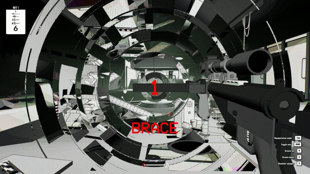 Ballistic.exe zeigt ein Scharfschützengewehr auf einem Schießstand mit einer zerstörten Zielscheibe.