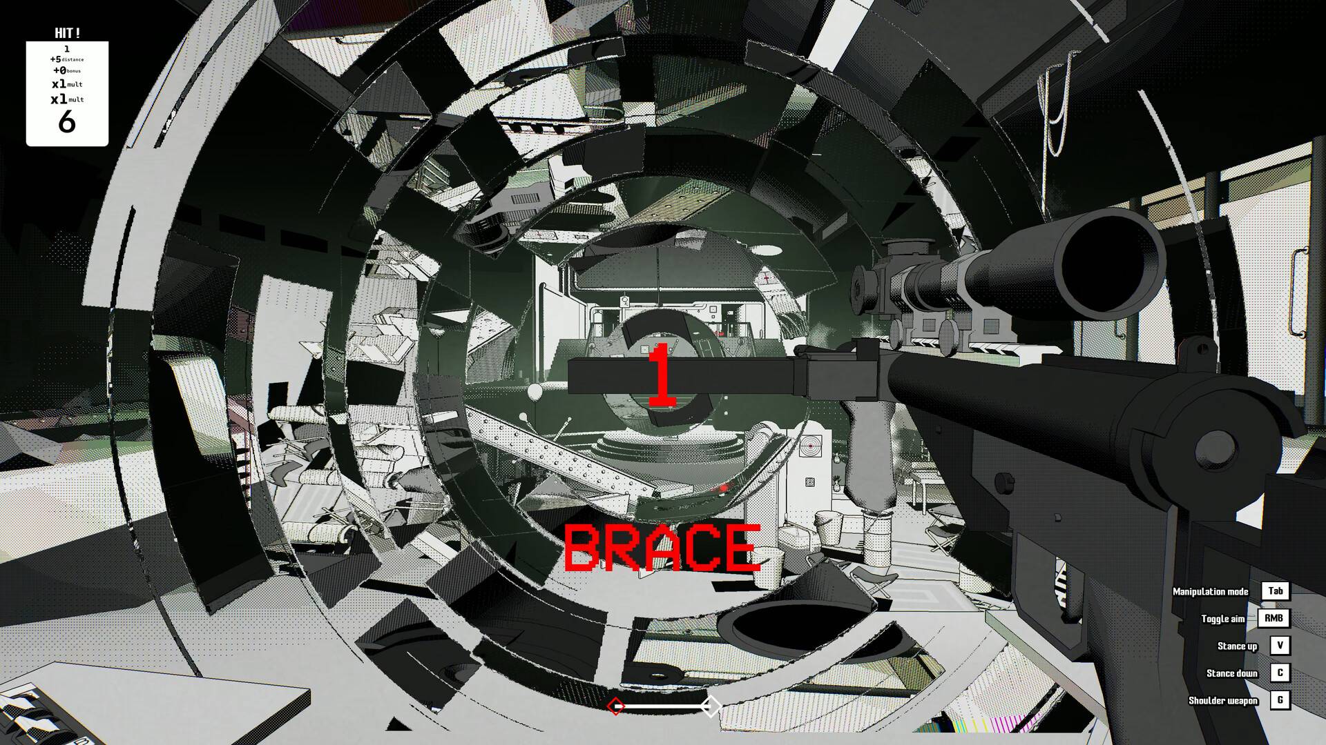 Ballistic.exe zeigt ein Scharfschützengewehr auf einem Schießstand mit einer zerstörten Zielscheibe.