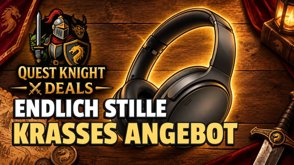 Bose QuietComfort SC im Comic-Look: Kabellose Noise-Cancelling-Kopfhörer mit der Aufschrift „Endlich Stille, krasses Angebot“ vor dem Quest-Knight-Deals-Hintergrund.