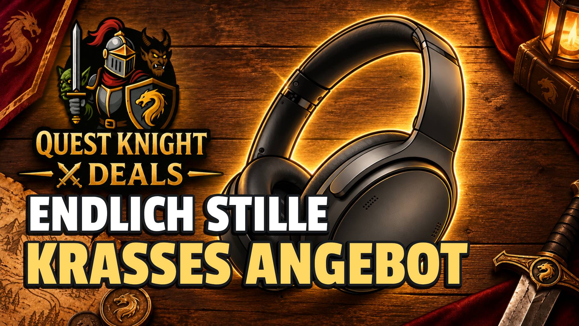 Bose QuietComfort SC im Comic-Look: Kabellose Noise-Cancelling-Kopfhörer mit der Aufschrift „Endlich Stille, krasses Angebot“ vor dem Quest-Knight-Deals-Hintergrund.