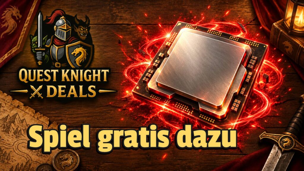 Quest Knight Deals Motiv mit glühendem CPU-Chip und Schriftzug Spiel gratis dazu