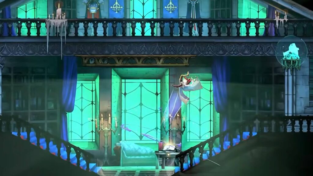 Rose springt in Alucards Turm in Castlevania: Belmont’s Curse an einer blau leuchtenden Flamme vorbei