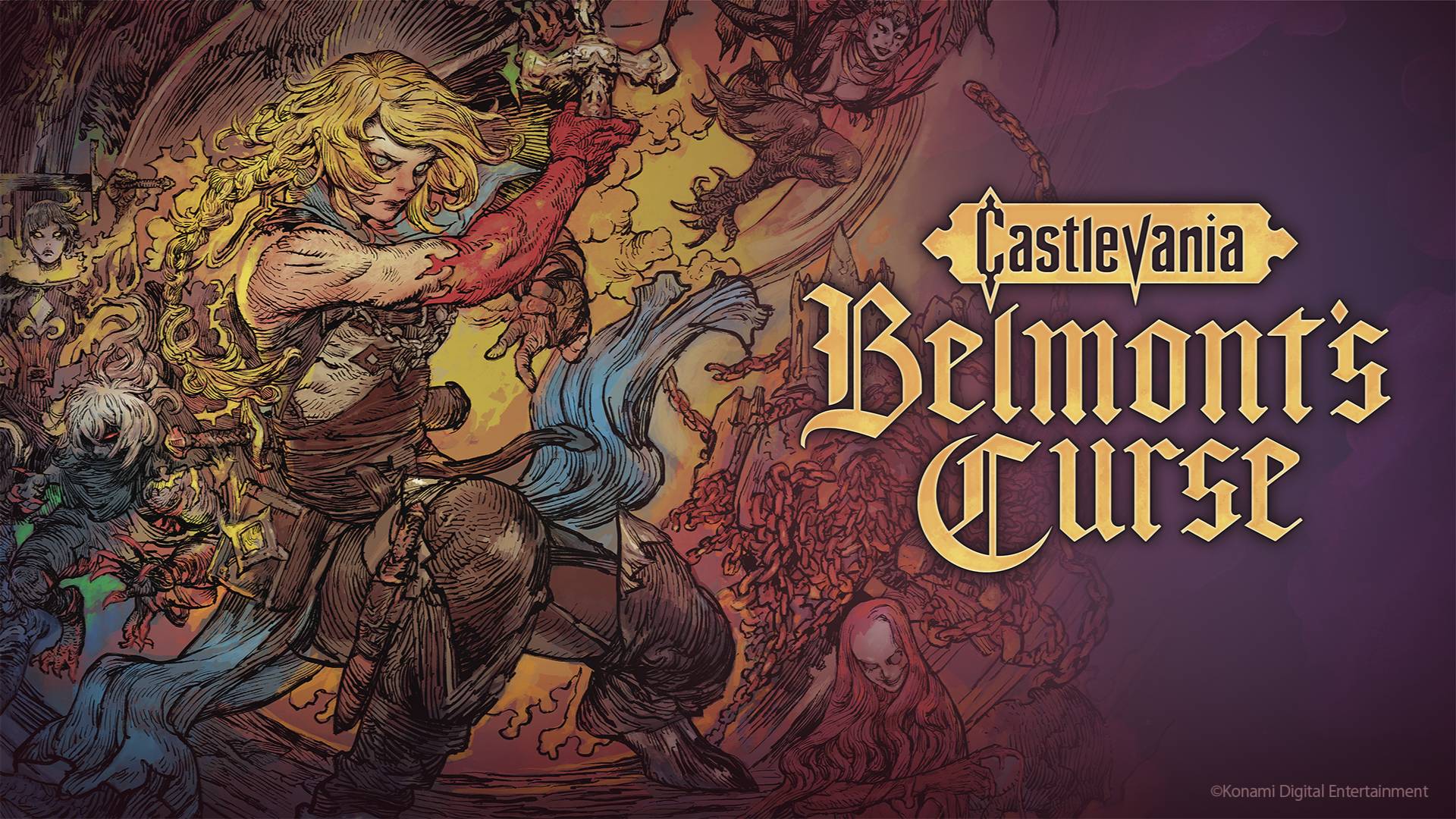 Offizielles Keyart von Castlevania: Belmont’s Curse mit einer Peitschenkämpferin.