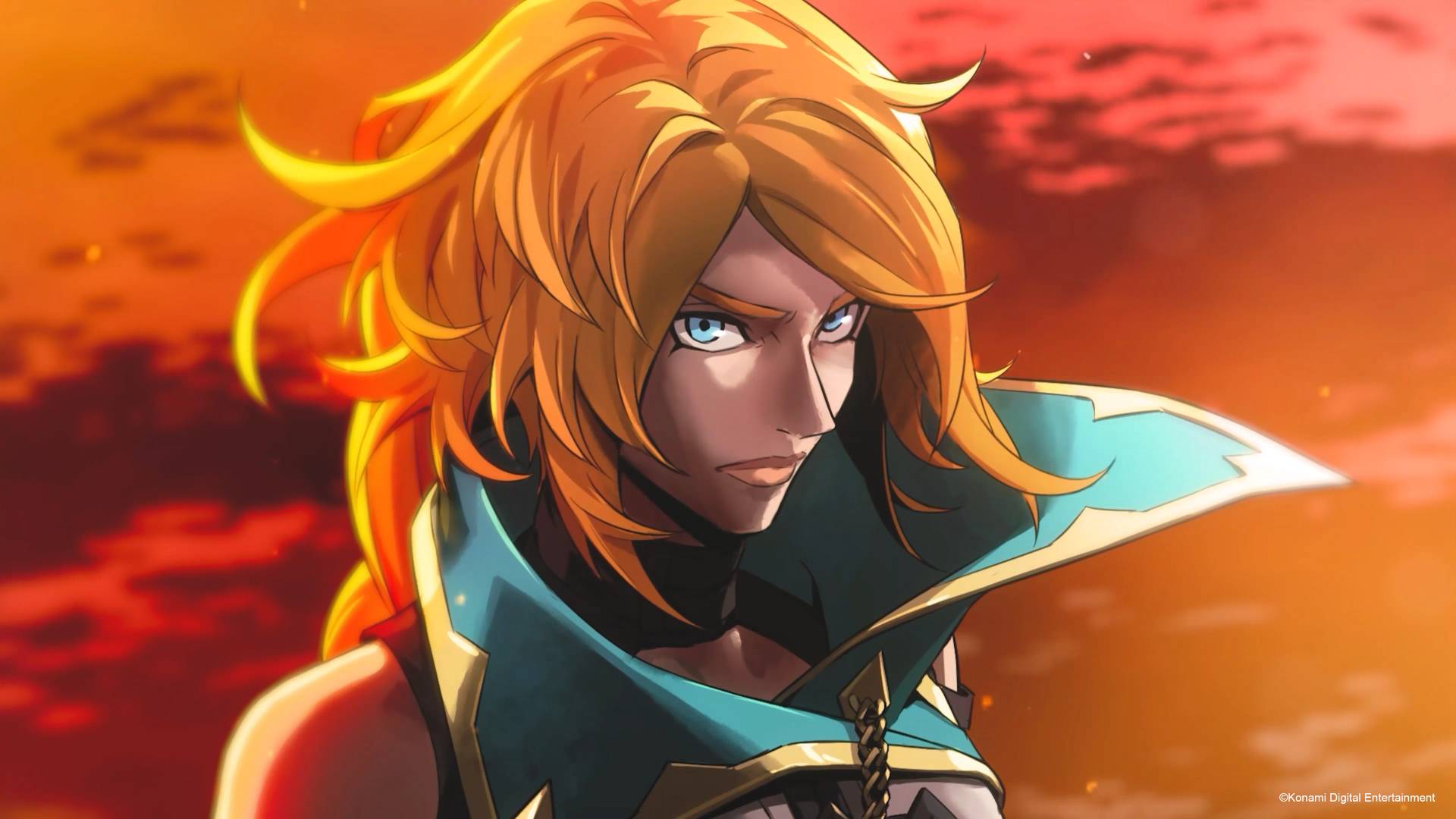 Nahaufnahme der rothaarigen Rose aus Castlevania: Belmont's Curse vor einem orange-roten Himmel.