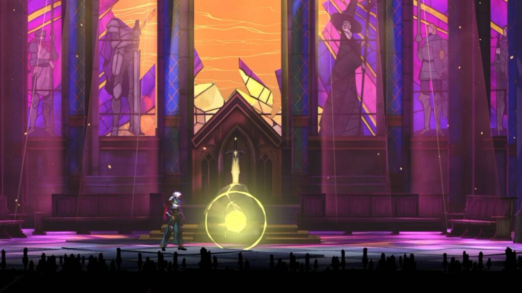 Excalibur steckt in einem leuchtenden Stein in der Kapelle von Notre-Dame in Castlevania: Belmont’s Curse