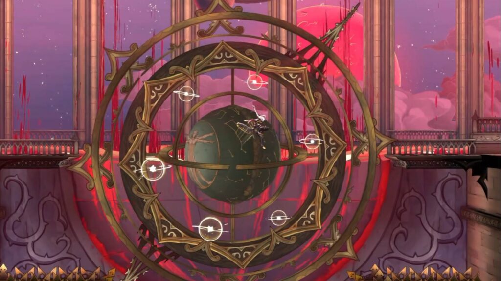 Rose springt zwischen den Lichtkugeln eines Planetenglobus in Castlevania: Belmont’s Curse