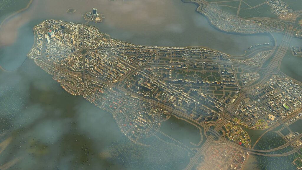 Cities: Skylines mit großer Küstenstadt, zahlreichen Gebäuden und weit verzweigtem Straßennetz