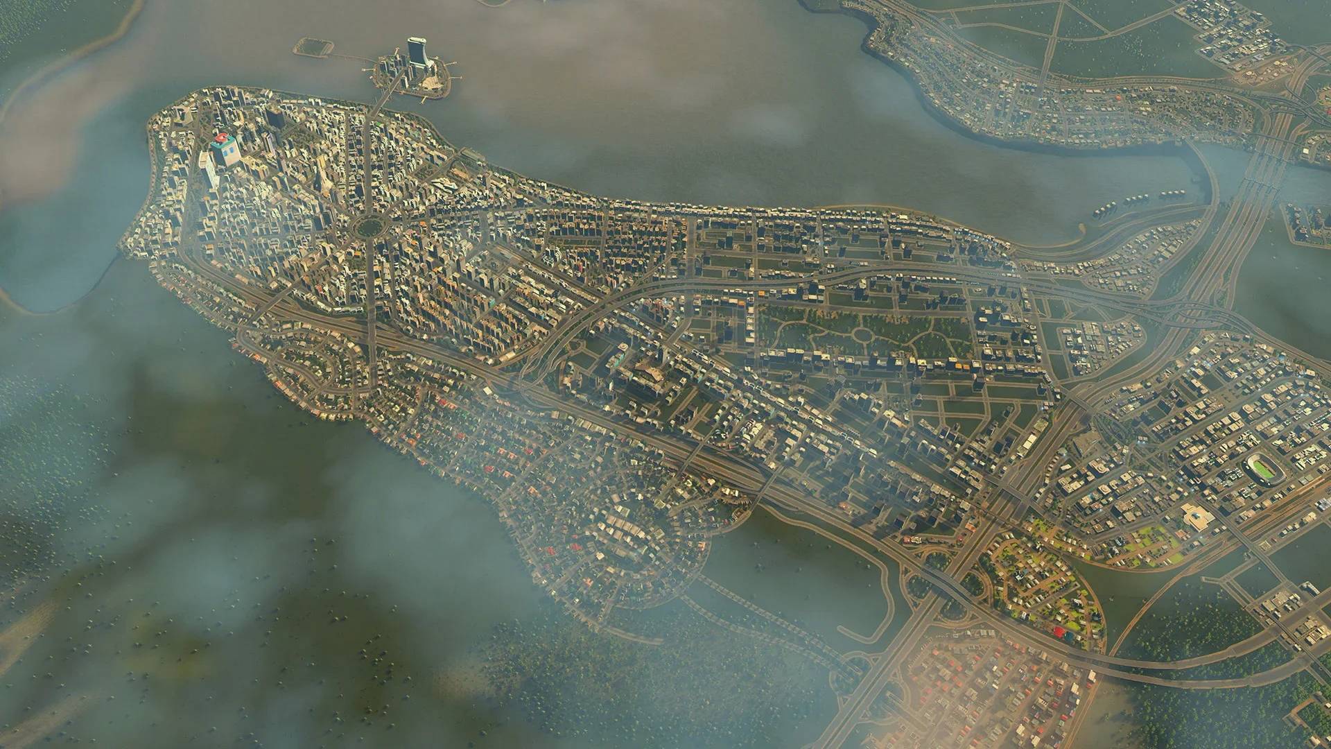 Cities: Skylines mit großer Küstenstadt, zahlreichen Gebäuden und weit verzweigtem Straßennetz