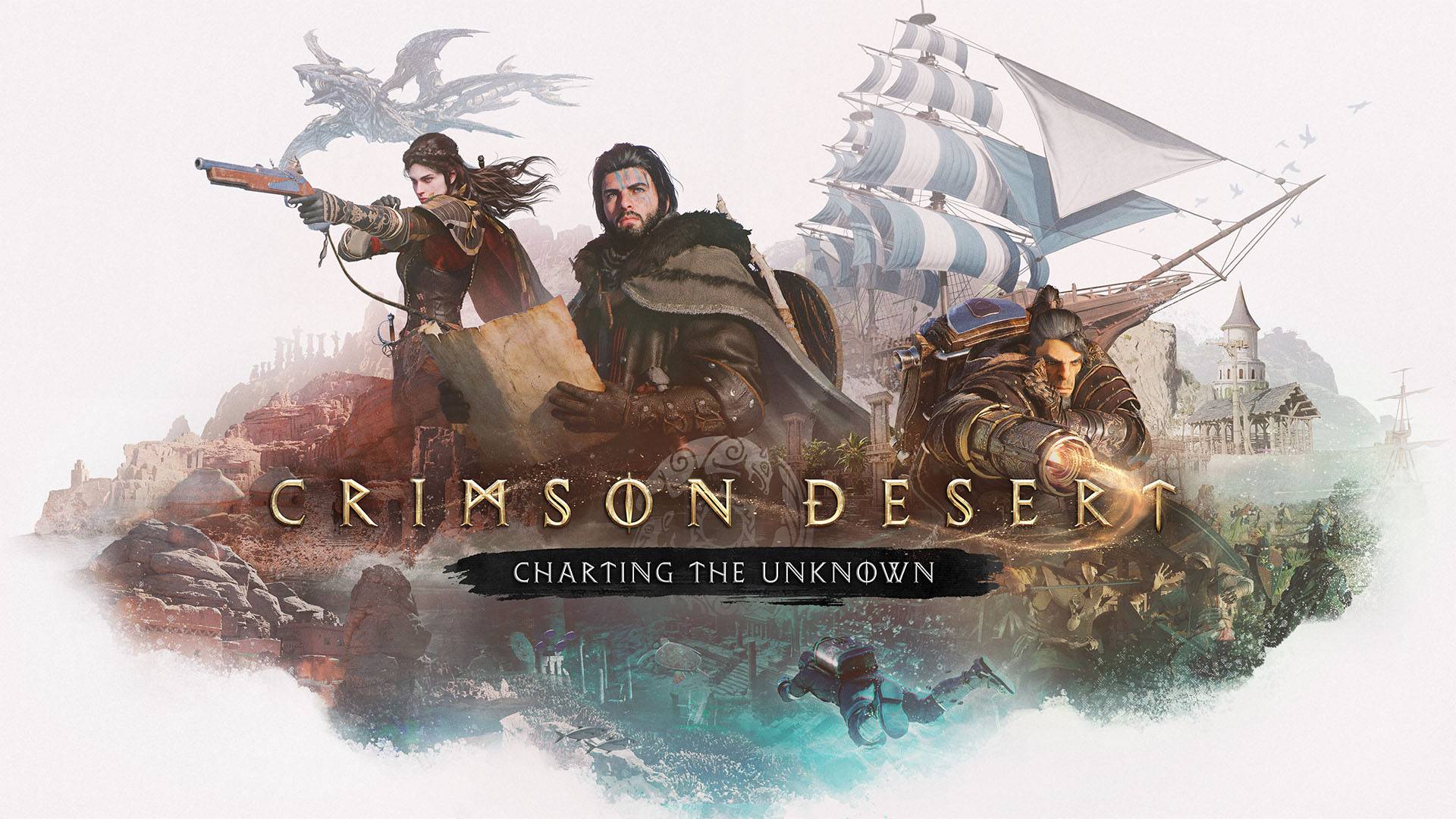 Offizielles Keyart zur Crimson-Desert-Erweiterung Charting the Unknown mit Kliff, zwei weiteren Charakteren, einem Segelschiff und einem Drachen.