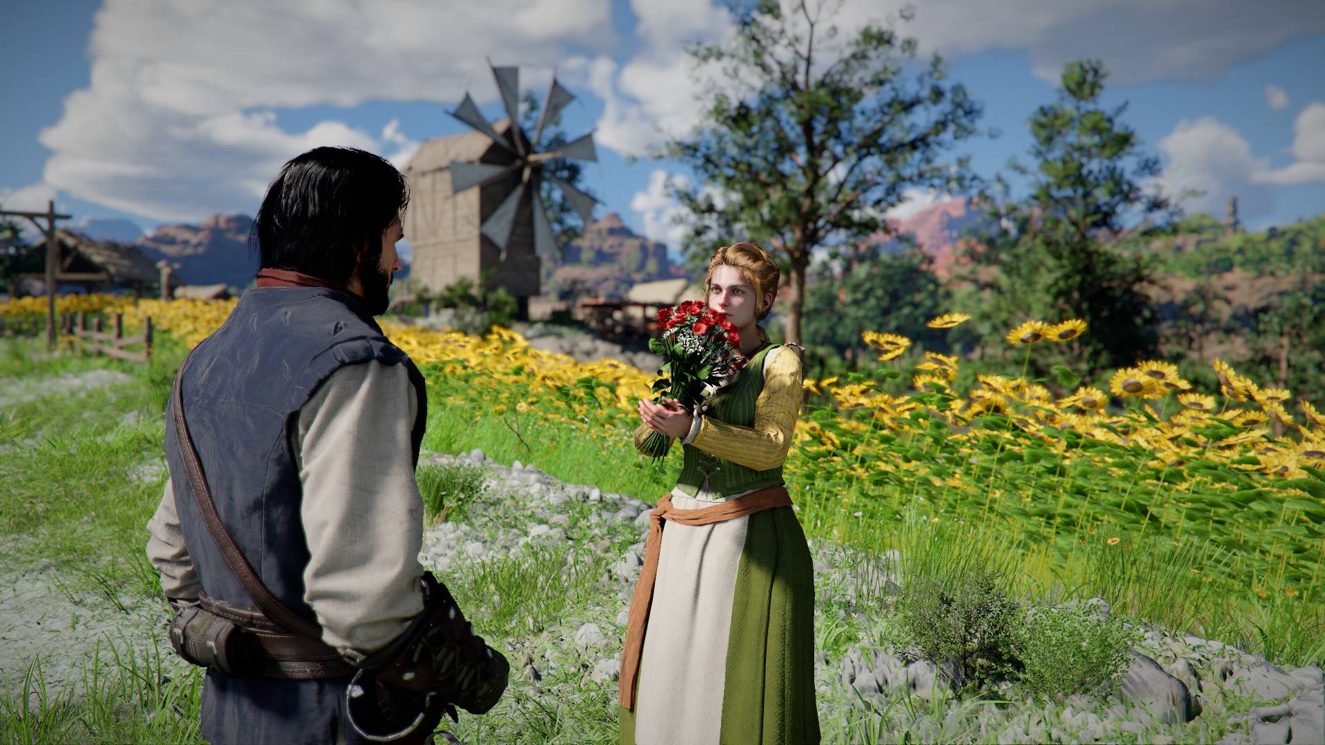 Kliff trifft in Crimson Desert eine Frau mit einem Blumenstrauß auf einem Sonnenblumenfeld – passend zur neuen Romanzen- und Heiratsfunktion.