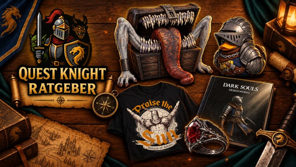 Dark Souls Geschenkideen mit Mimic-Box, Oscar-Ente, Solaire-T-Shirt, Artbook und Blutbissring im Comic-Stil.