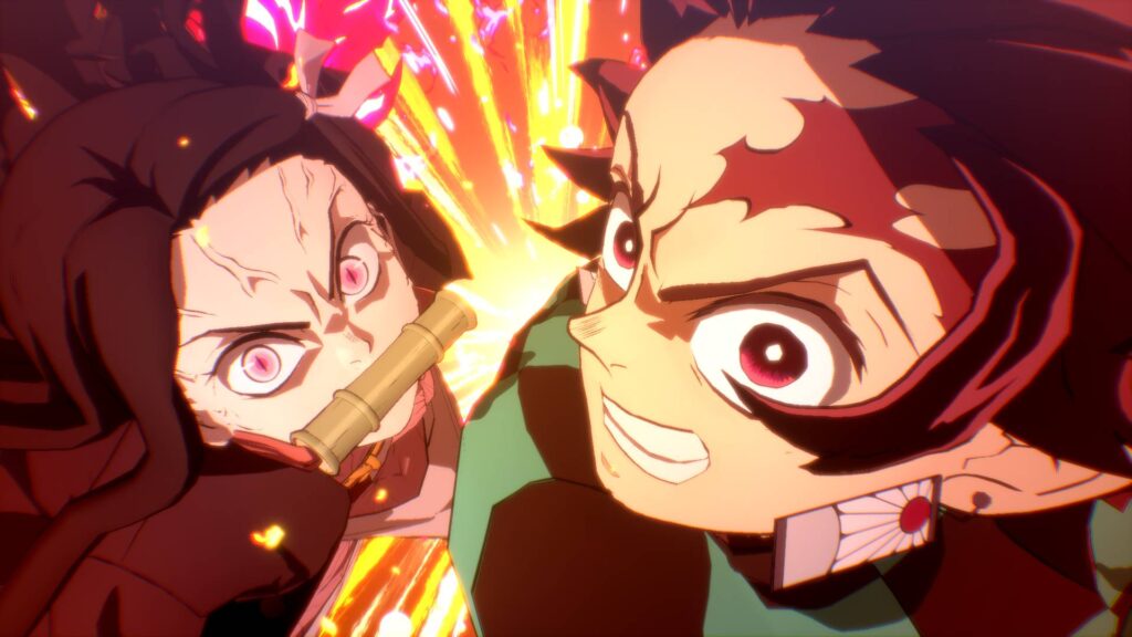 Tanjiro Kamado und seine Schwester Nezuko in einer actionreichen Kampfszene aus Demon Slayer: The Hinokami Chronicles 2, umgeben von leuchtenden Feuereffekten.