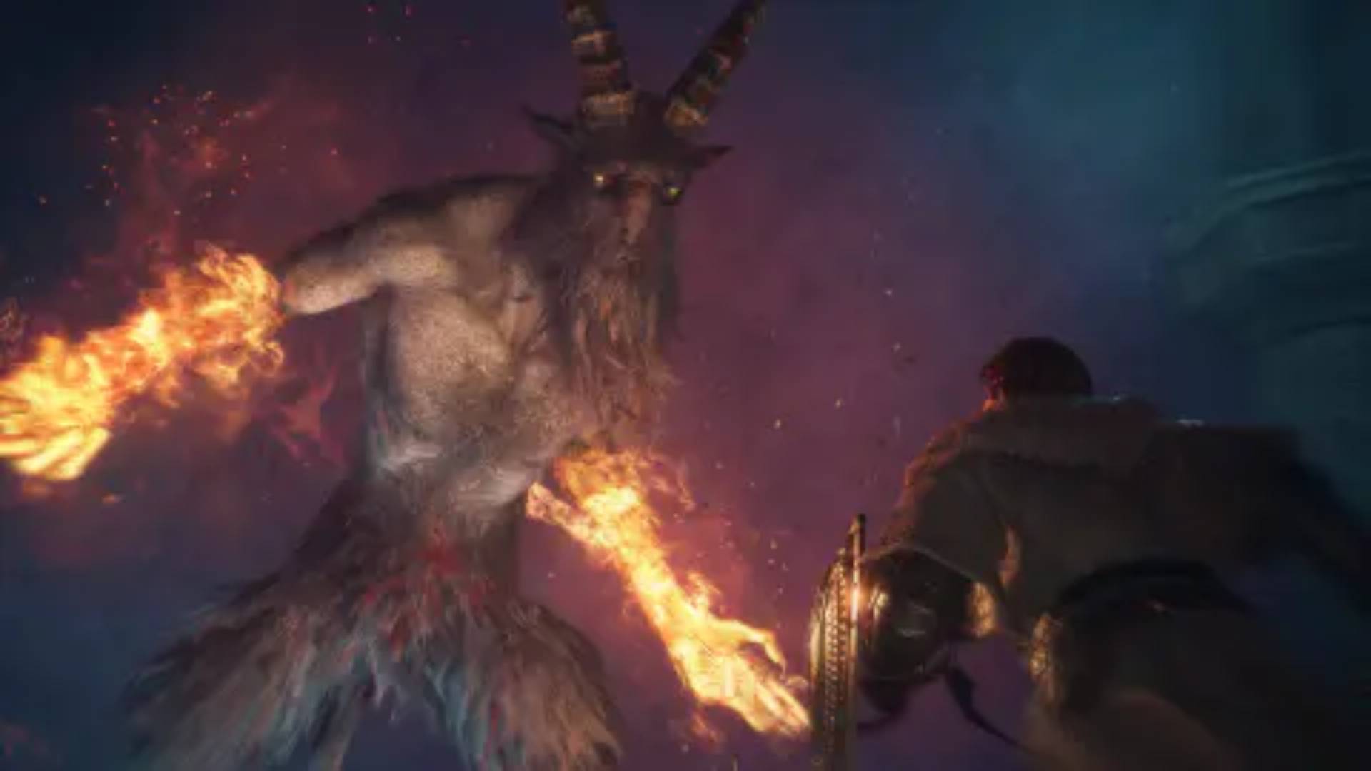 Dragon's Dogma 2 Dark Arisen gehörnter Gegner mit brennenden Armen im Kampf