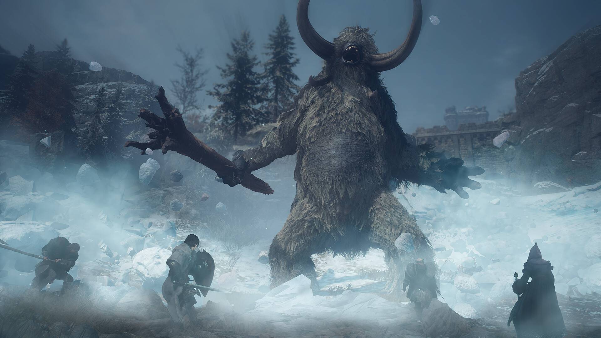 Dragon's Dogma 2 Dark Arisen riesiger gehörnter Gegner im Kampf gegen Abenteurer