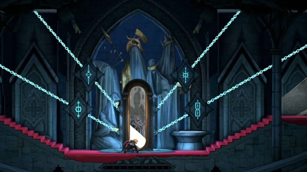 Eleonore ist in Castlevania: Belmont’s Curse hinter einem Spiegel mit vier magischen Ketten gefangen