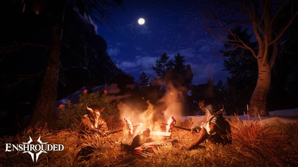 Zwei Abenteurer sitzen in Enshrouded nachts an einem Lagerfeuer