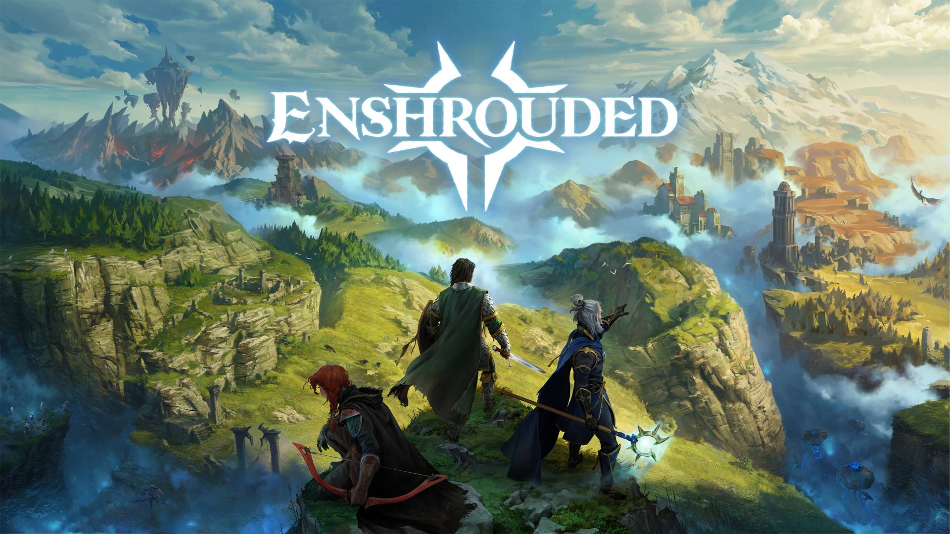 Offizielles Artwork zu Enshrouded 1.0 mit drei Abenteurern und einer weitläufigen Fantasy-Landschaft