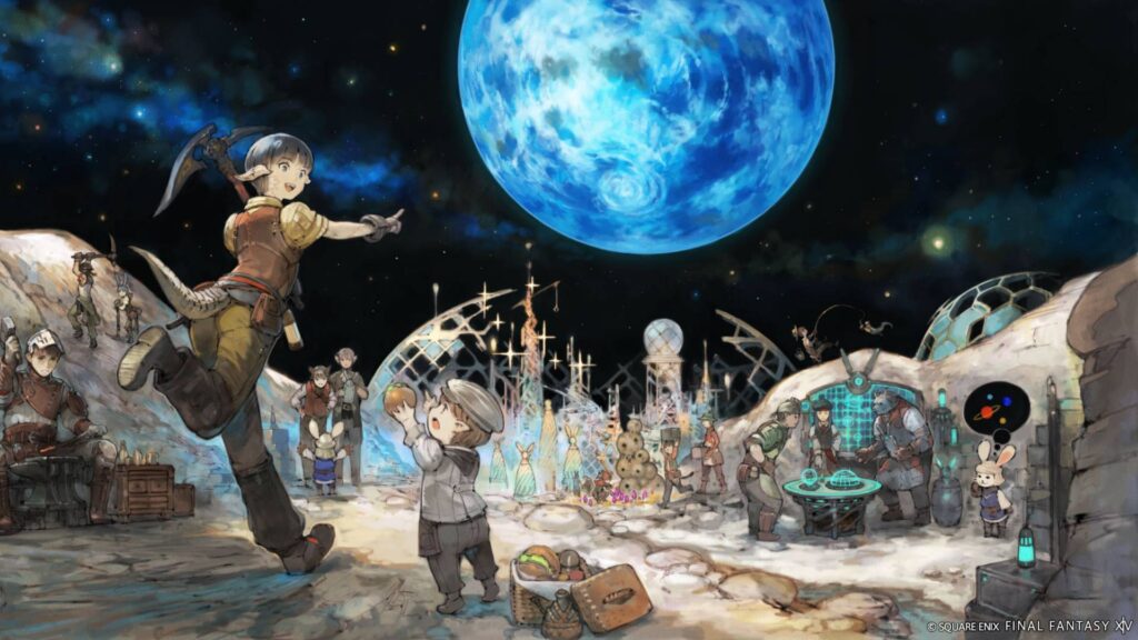 Final Fantasy XIV Artwork mit Abenteurern unter einem blauen Planeten