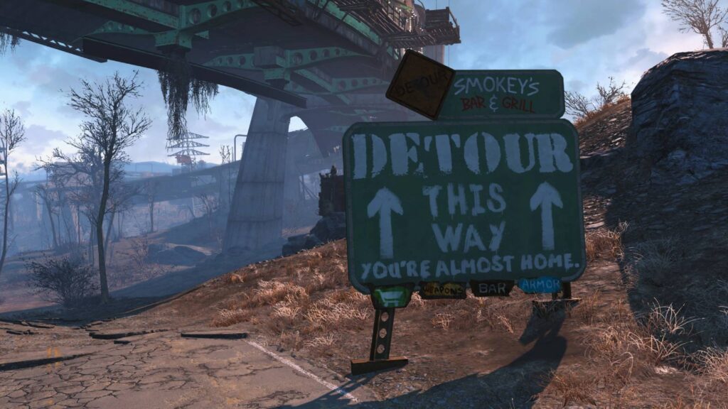 Fallout 4: Wegweiser zur neuen Stadt Detour unter einer Autobahnbrücke
