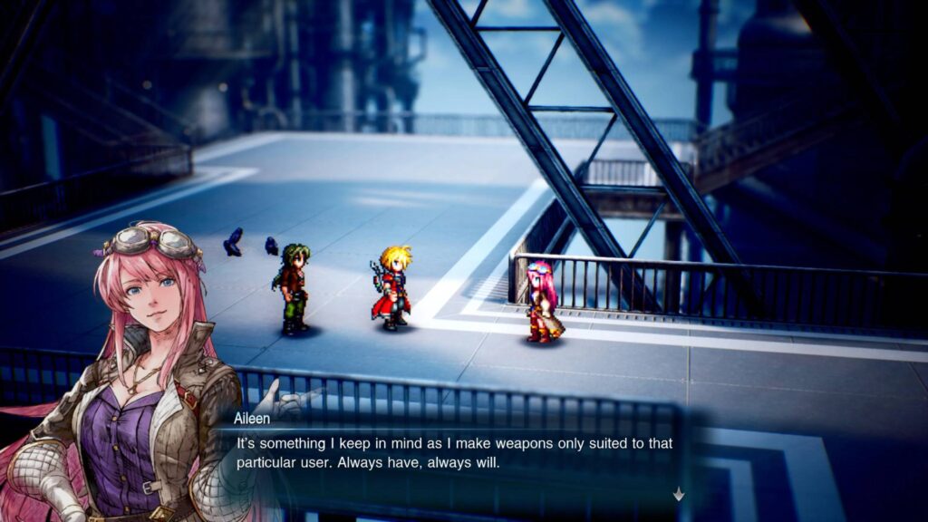Aileen spricht in Final Fantasy Resonance mit der Heldengruppe über ihre Arbeit als Waffenschmiedin.