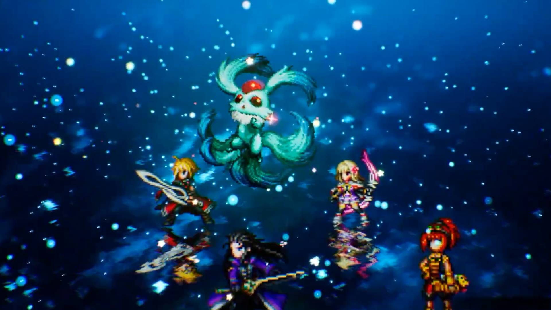 Karfunkel schwebt mit seinem roten Stirnedelstein über der Heldengruppe in Final Fantasy Resonance.
