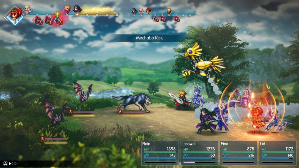 Final Fantasy Resonance: Der mechanische Chocobo Mechobo greift mit Mechabo Kick mehrere Gegner im Kampf an.
