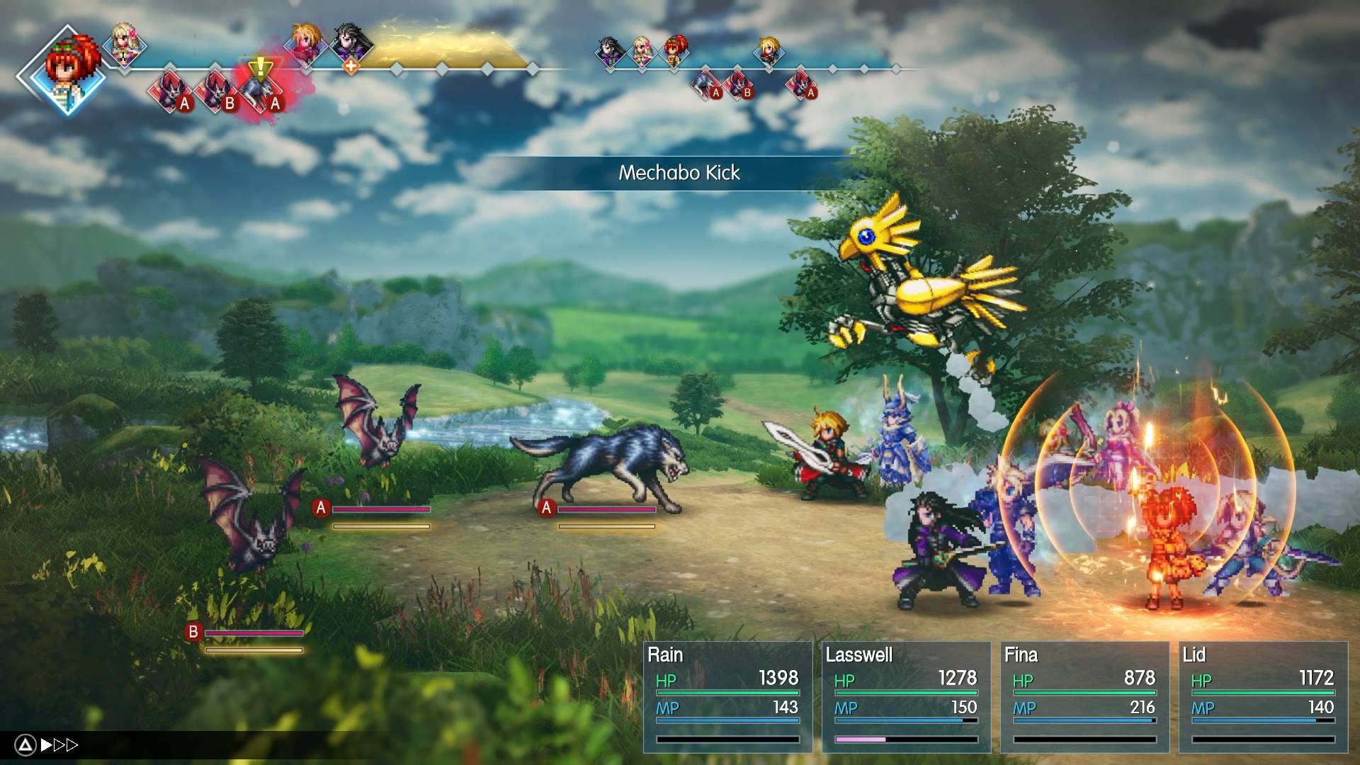 Final Fantasy Resonance: Der mechanische Chocobo Mechobo greift mit Mechabo Kick mehrere Gegner im Kampf an.