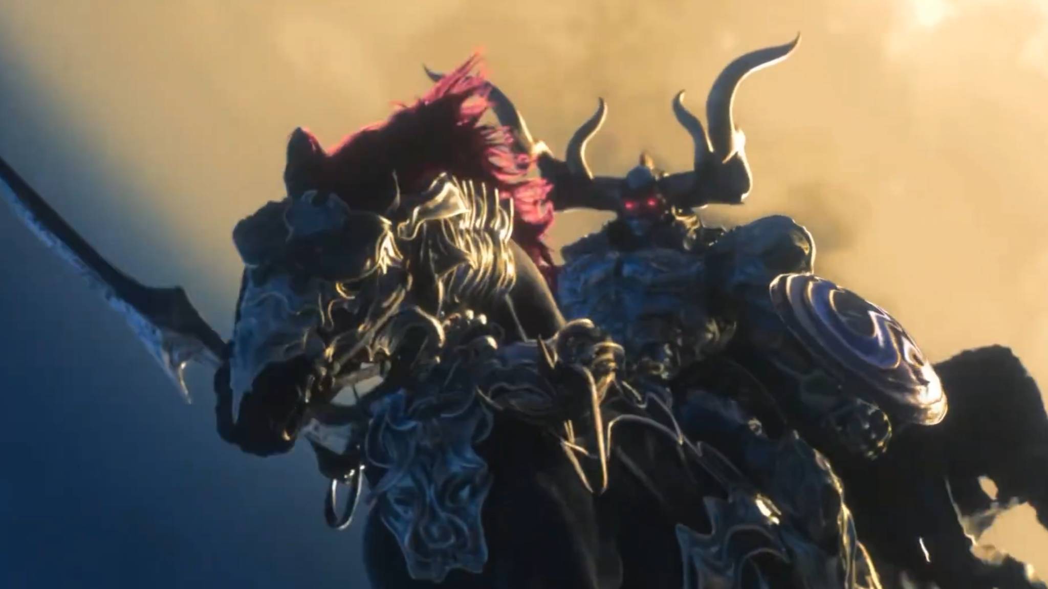 Odin reitet in Final Fantasy Resonance auf seinem gepanzerten Pferd und trägt eine mächtige Rüstung mit gehörntem Helm.
