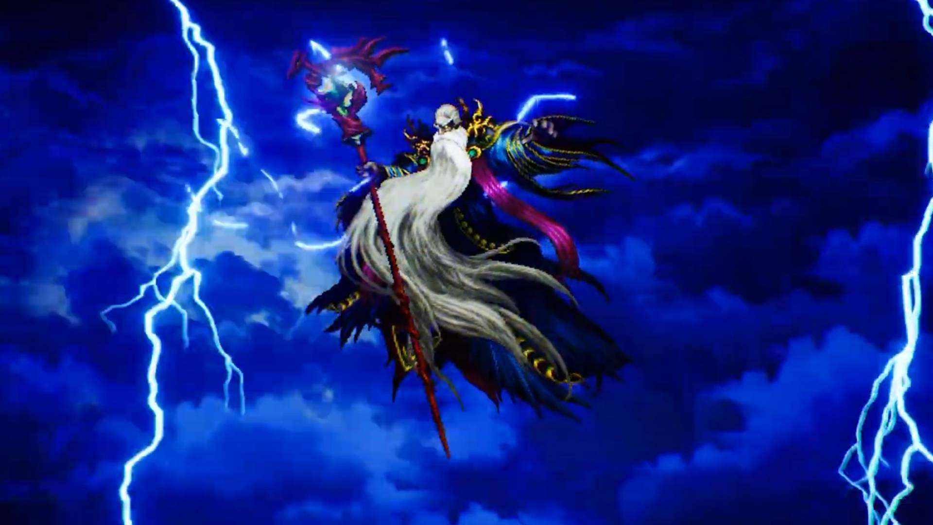 Ramuh schwebt in Final Fantasy Resonance vor dunklen Gewitterwolken und beschwört mächtige Blitze.