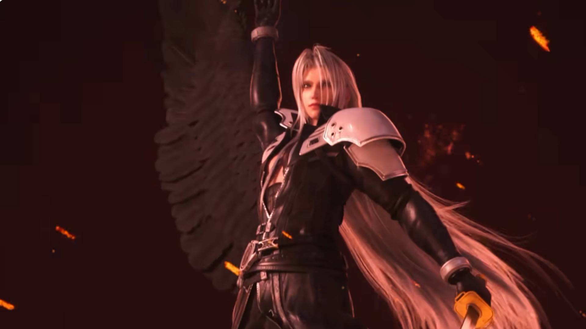 Sephiroth aus Final Fantasy Resonance mit schwarzem Flügel, langem silbernen Haar und gezücktem Schwert vor einem feuerroten Hintergrund.
