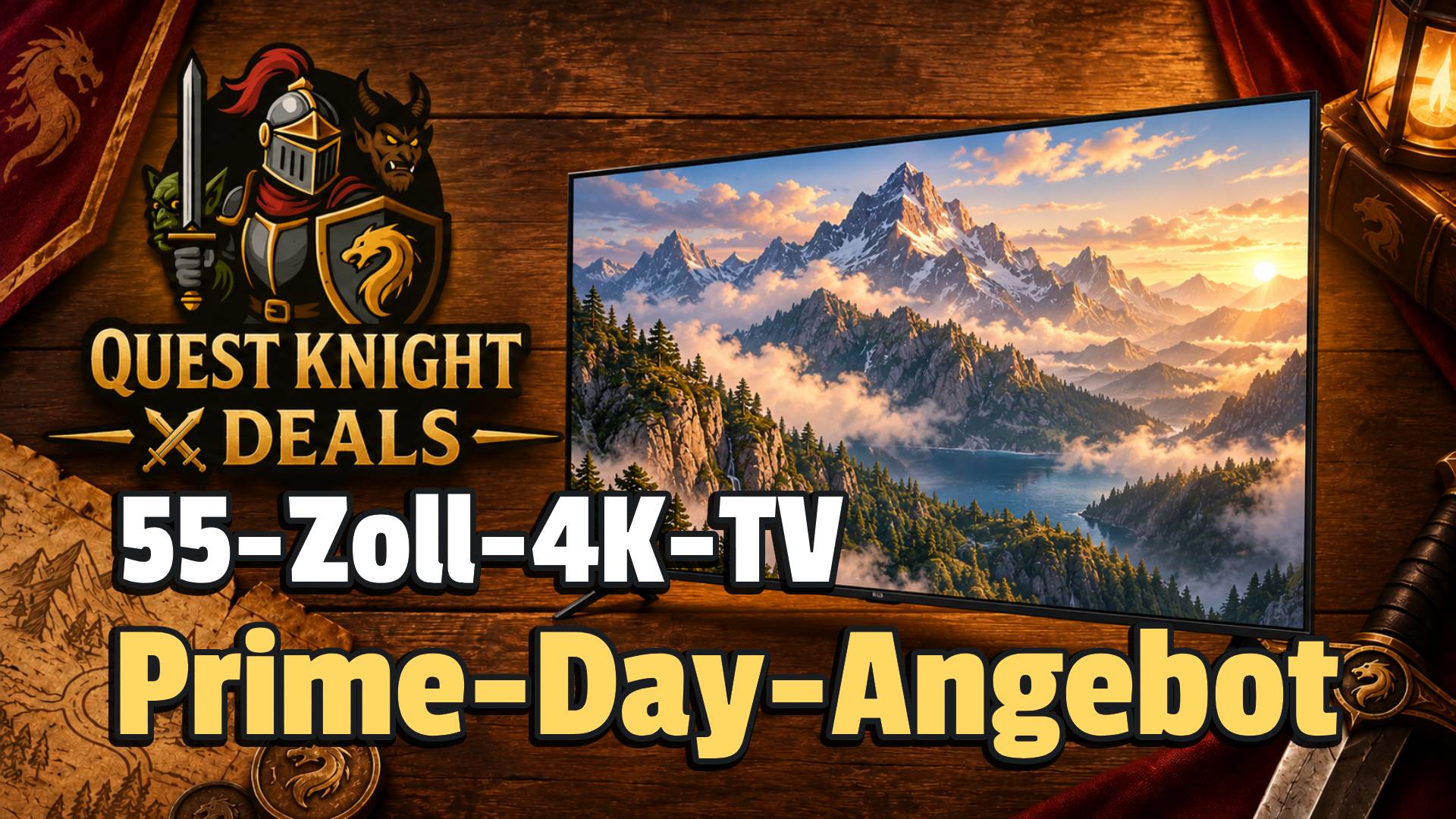Quest Knight Deals mit großem 4K-Fernseher und Berglandschaft