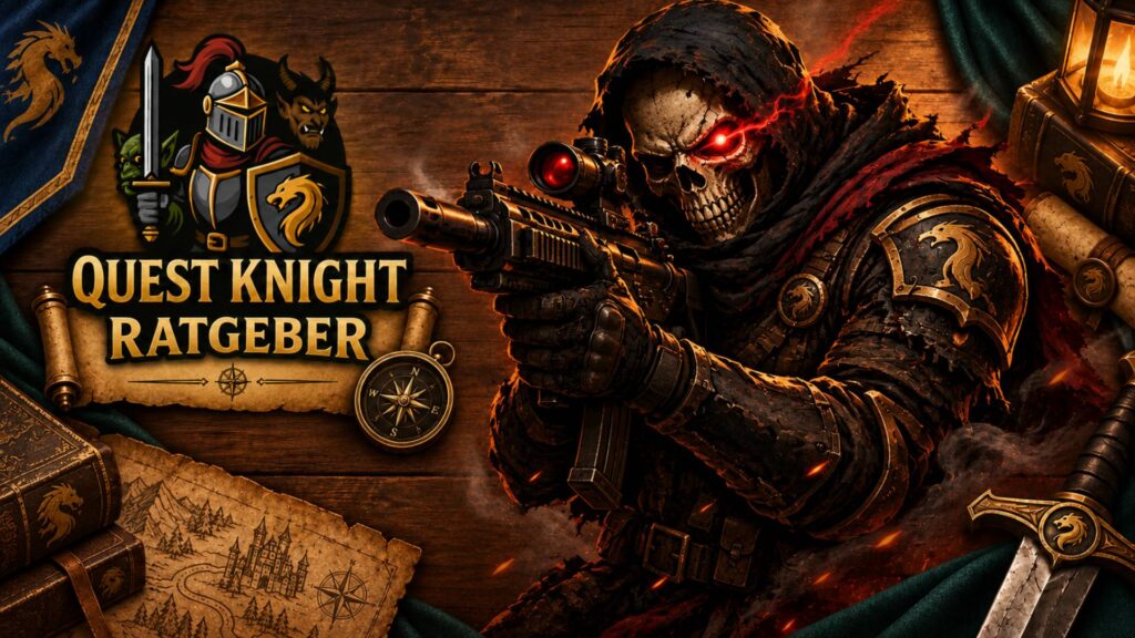 Düsterer Skelett-Soldat im Comic-Stil zielt mit einem Gewehr, während sein rotes Auge leuchtet. Quest-Knight-Ratgeber zu Gaming-Monitoren für Shooter.