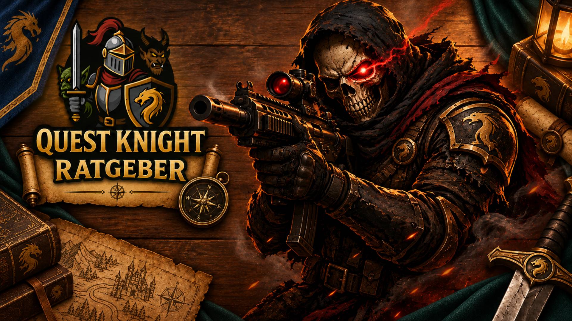 Düsterer Skelett-Soldat im Comic-Stil zielt mit einem Gewehr, während sein rotes Auge leuchtet. Quest-Knight-Ratgeber zu Gaming-Monitoren für Shooter.