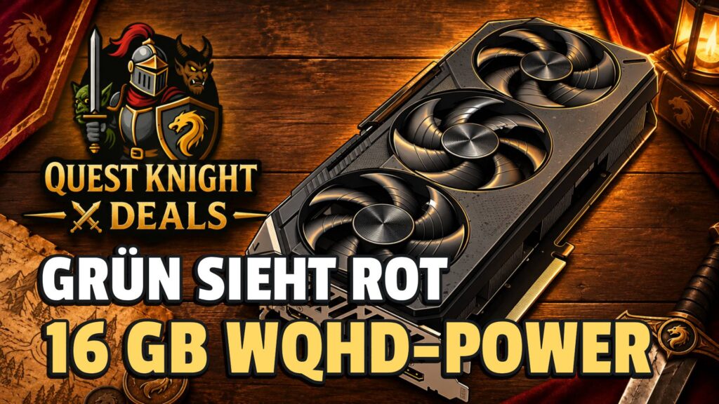 Quest Knight Deals mit einer Radeon RX 9070 Grafikkarte im Comic-Look und drei Lüftern.