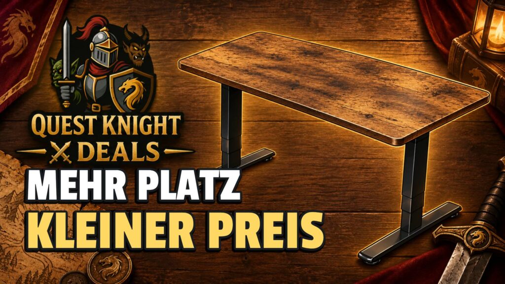 Elektrisch höhenverstellbarer JUMMICO-Schreibtisch mit Holzoptik und schwarzem Metallgestell im Comic-Look auf dem Quest-Knight-Deals-Hintergrund.