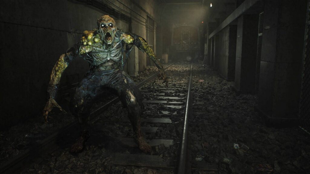 Hunter: The Reckoning – Deathwish: Eine entstellte Kreatur mit leuchtenden Augen und aufgerissenem Maul steht in einem dunklen, zerstörten U-Bahn-Tunnel.