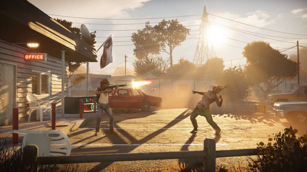 Into the Dead: Our Darkest Days: Ein Überlebender schießt mit einem Gewehr auf einen Zombie vor einem Motel im sonnigen Walton.