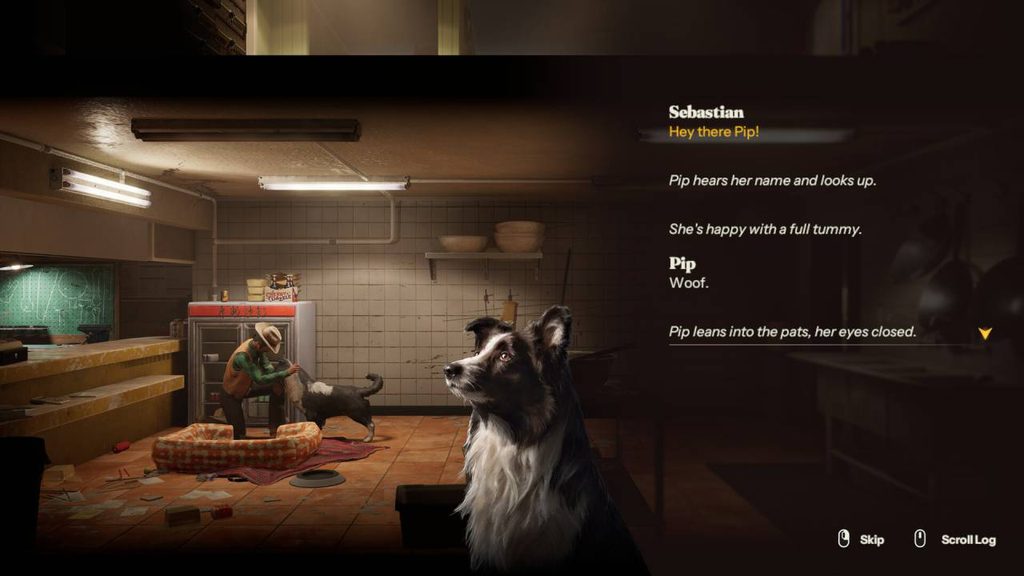 Into the Dead: Our Darkest Days: Überlebender Sebastian streichelt Border Collie Pip in der Unterkunft. Der Hund freut sich über das Futter und die Zuwendung.