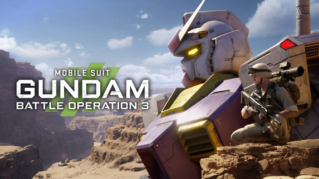 Mobile Suit Gundam Battle Operation 3: Ein riesiger Gundam-Kampfroboter und ein bewaffneter Soldat in einer felsigen Wüstenlandschaft.