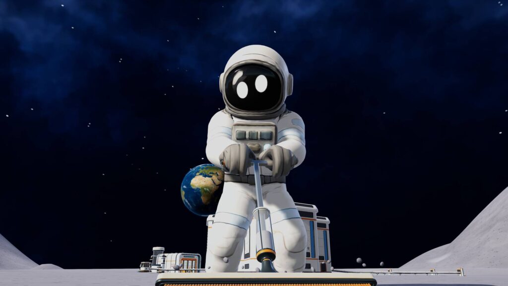 Moon Sweepers – Ein Astronaut reinigt mit einem Putzgerät die Mondoberfläche, während im Hintergrund die Erde zu sehen ist.