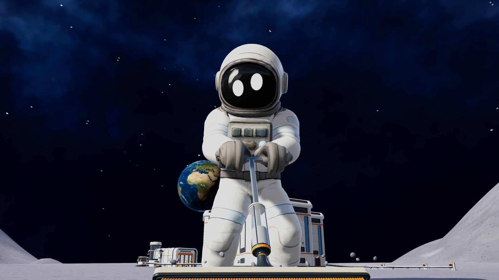 Moon Sweepers – Ein Astronaut reinigt mit einem Putzgerät die Mondoberfläche, während im Hintergrund die Erde zu sehen ist.