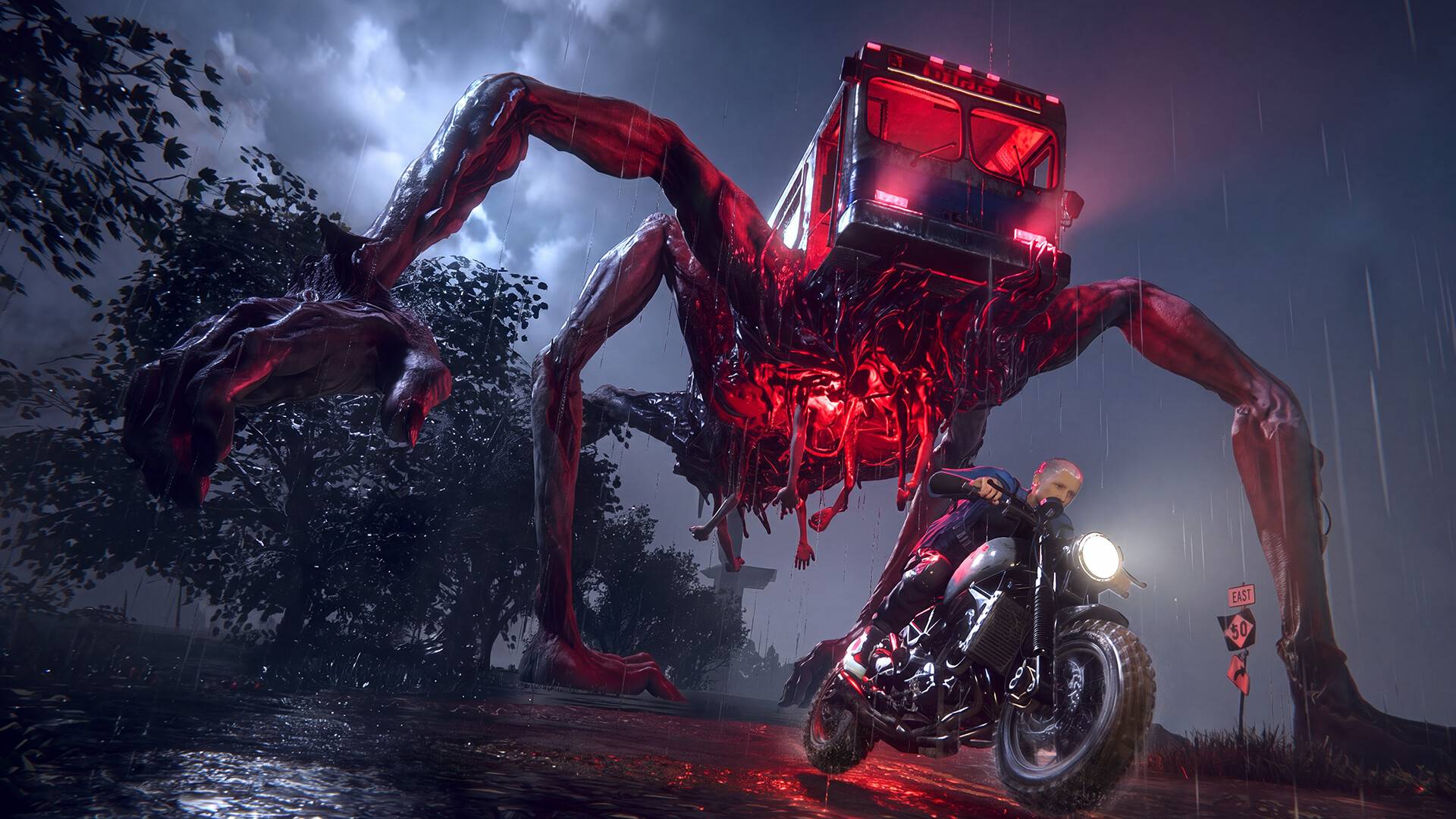 Once Human: Ein Motorradfahrer flieht bei Regen vor einem riesigen, spinnenartigen Monster mit einem Bus als Körper.