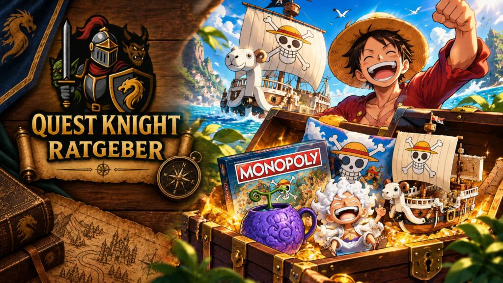 One-Piece-Geschenkideen mit Luffy, der Flying Lamb und einer Schatztruhe voller Fanartikel im Comic-Look.