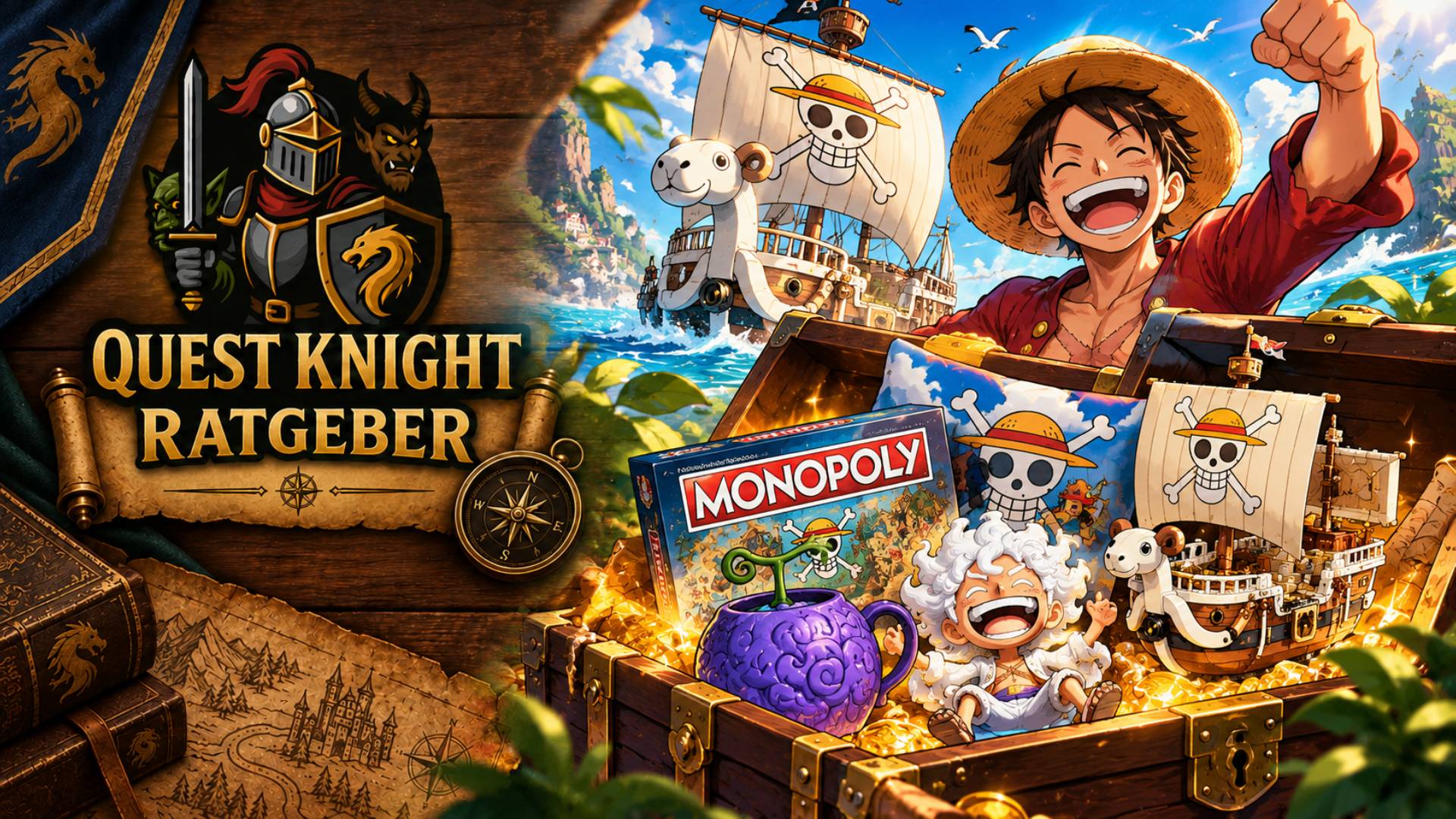 One-Piece-Geschenkideen mit Luffy, der Flying Lamb und einer Schatztruhe voller Fanartikel im Comic-Look.