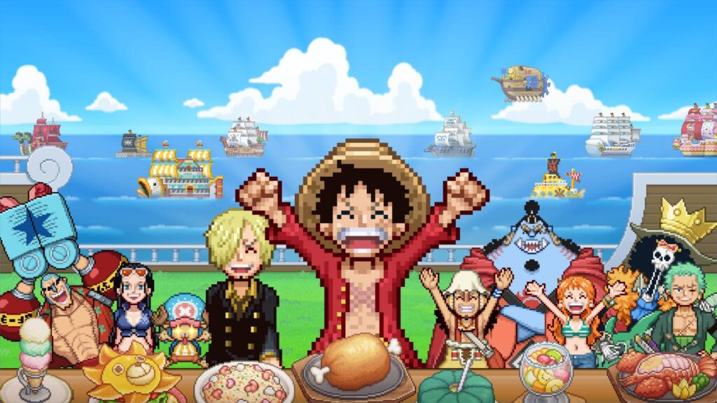 One Piece: Grand Gourmet – Ruffy, Sanji und die Strohhutbande versammeln sich zum Festmahl auf ihrem Restaurantschiff.