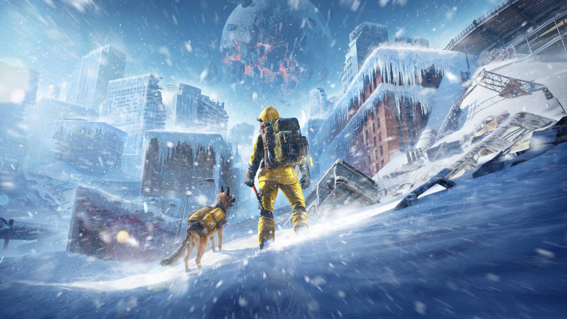 Permafrost Überlebender mit Hund in einer verschneiten, zerstörten Stadt