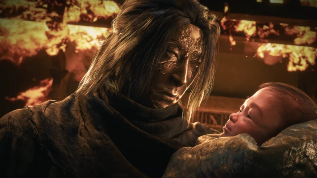 Geheimnisvoller Mann mit goldener Maske hält in Phantom Blade Zero ein Baby im Arm, während im Hintergrund Flammen lodern.