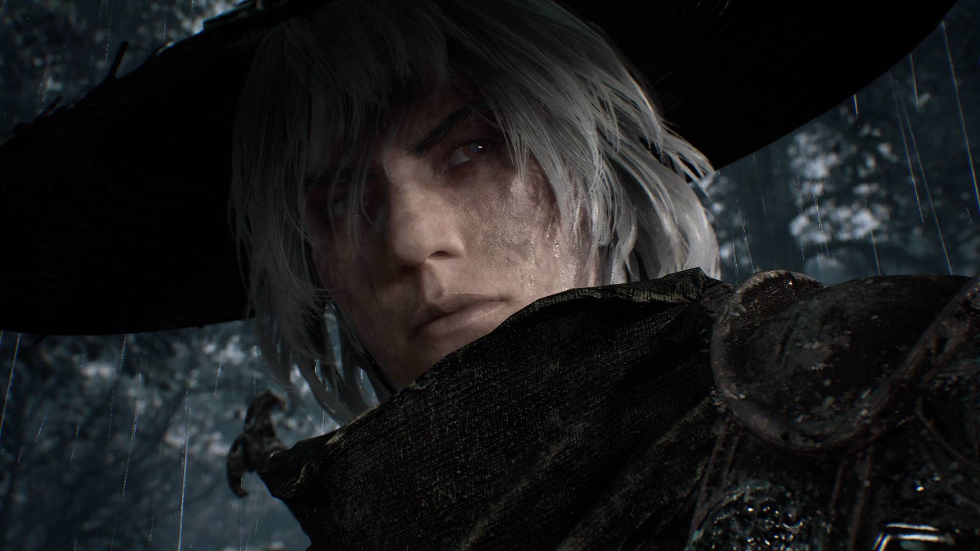 Nahaufnahme des weißhaarigen Protagonisten Soul mit einem dunklen Strohhut im Regen in Phantom Blade Zero.