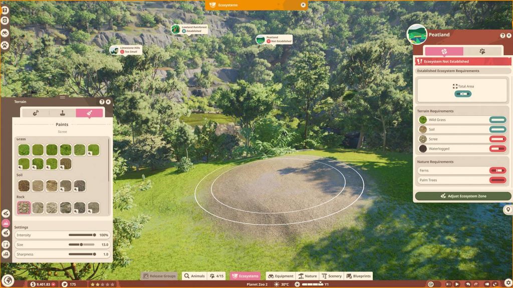 Ökosystem-Menü in Planet Zoo 2 mit Anforderungen für ein nicht etabliertes Sumpfgebiet