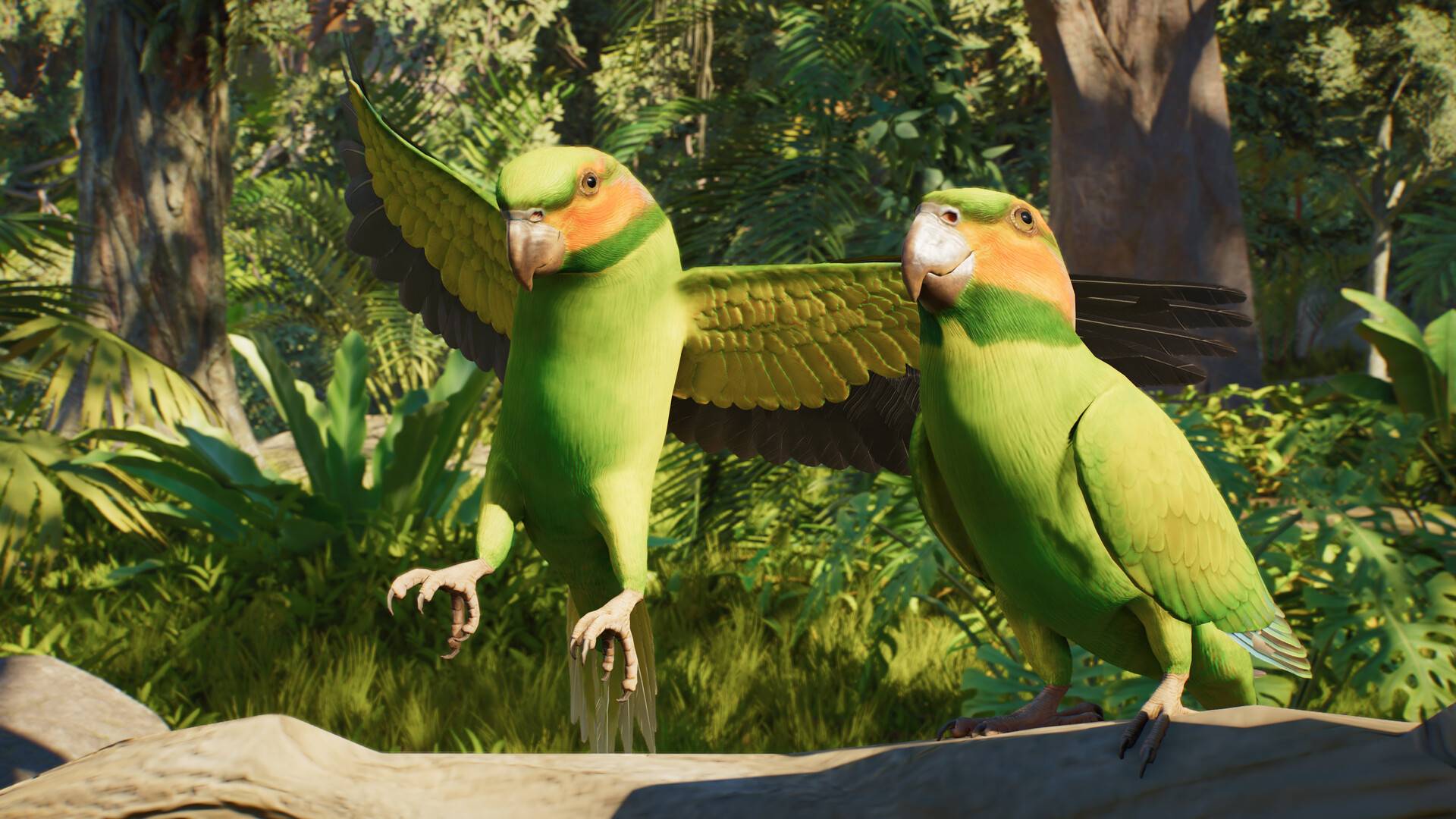 Zwei grüne Papageien in Planet Zoo 2